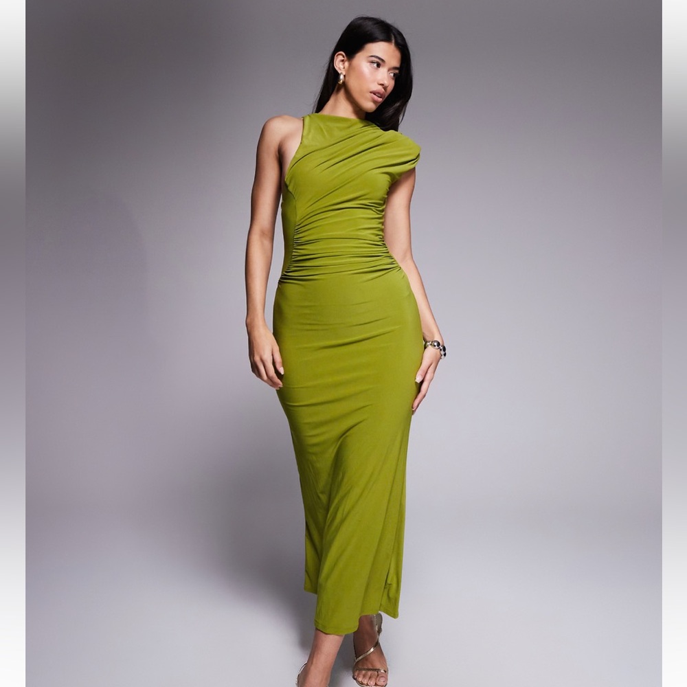 ASOS One-Shoulder Olive Green Ruched Maxi Dress